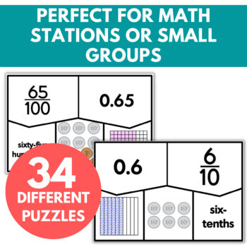 Image of Decimal and Fraction Puzzles Tenths and Hundredths, Convert Decimals & Fractions