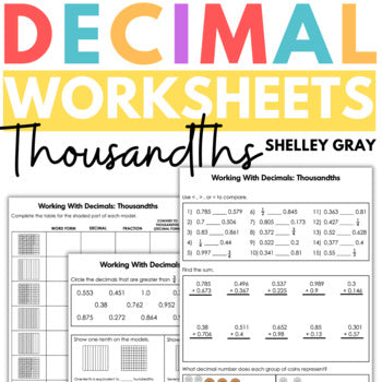 Main image for Decimal Worksheets Thousandths, Connect Decimals to Fractions and Visual Models